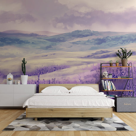 Lavender field wallpaper creating a serene atmosphere in a modern bedroom, purple mountain landscape adding depth