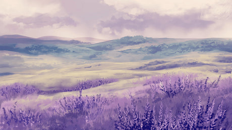 Lavender field and purple mountain landscape design file showing detailed watercolor artwork
