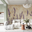 Lavender wallpaper mural creating a serene atmosphere in a modern bedroom with natural light