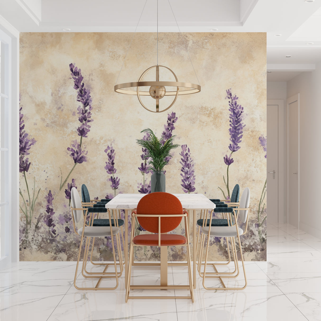 French Provence style lavender wall mural brightening a cozy dining room space