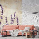 Watercolor lavender wallpaper bringing charm to a home office with purple accents