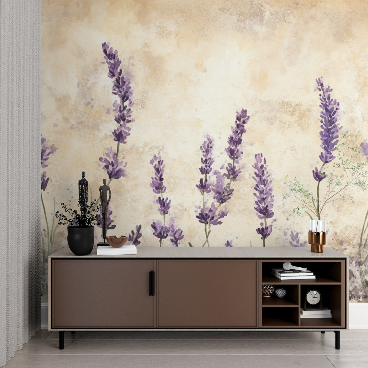 Botanical lavender mural adding elegance to a living room feature wall