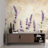 Botanical lavender mural adding elegance to a living room feature wall