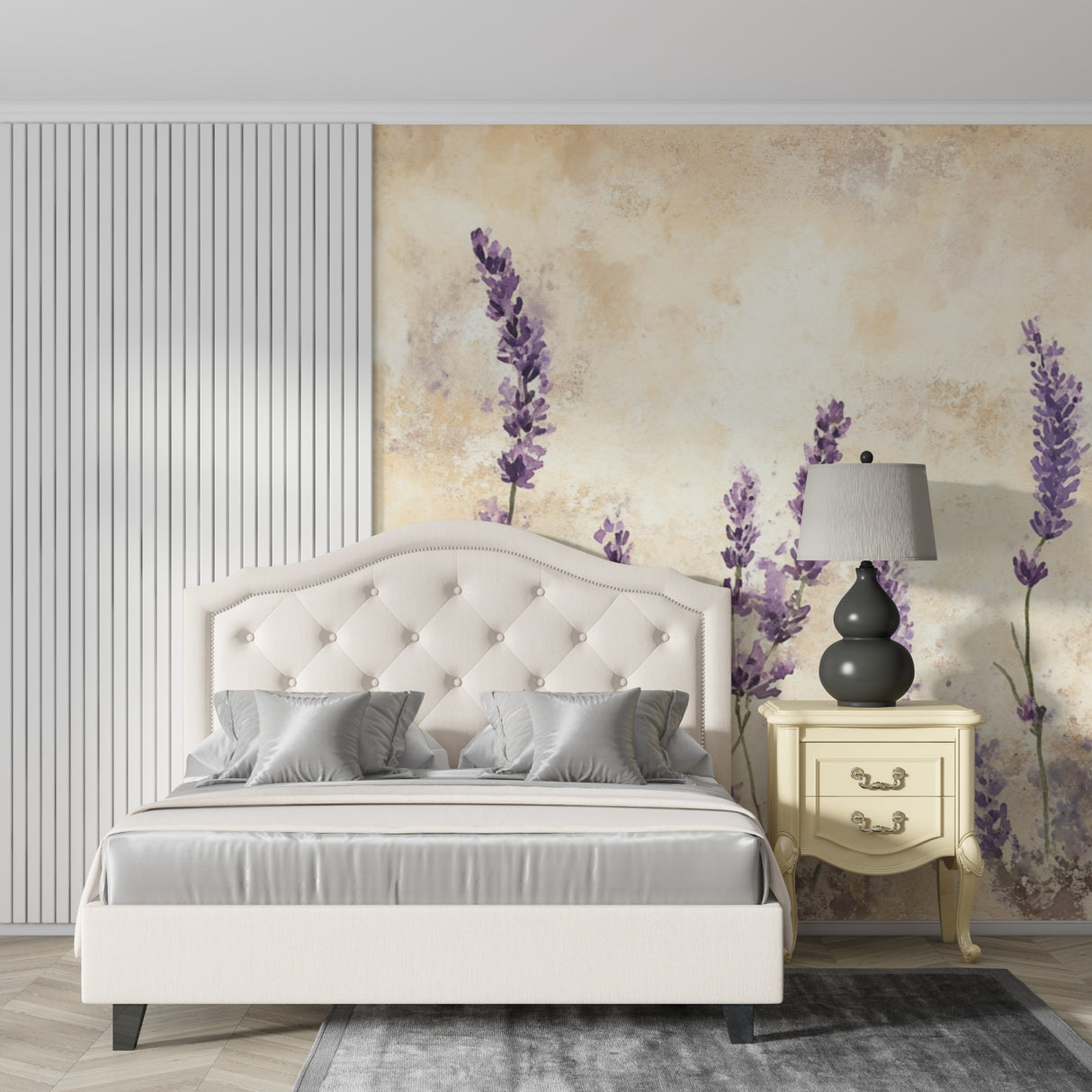 Purple lavender wallpaper creating a calming atmosphere in a reading nook