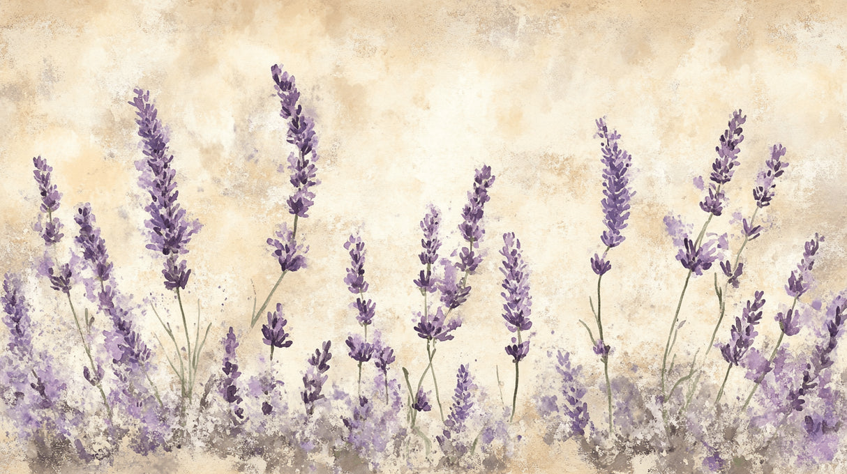 Watercolor lavender design file showing detailed purple stems and beige background pattern