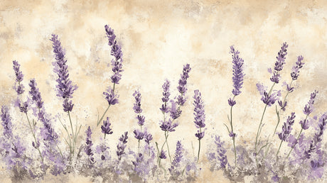 Watercolor lavender design file showing detailed purple stems and beige background pattern