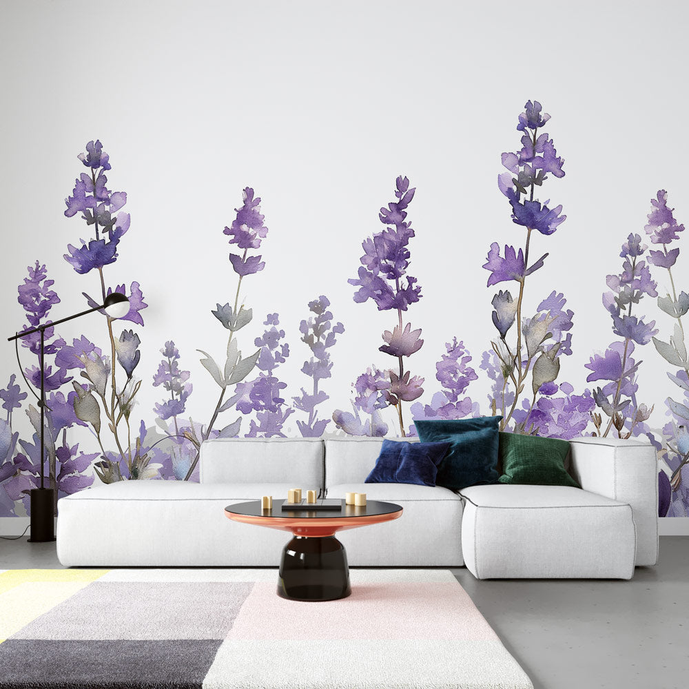 Lavender wallpaper mural creating a serene atmosphere in a modern bedroom with natural light