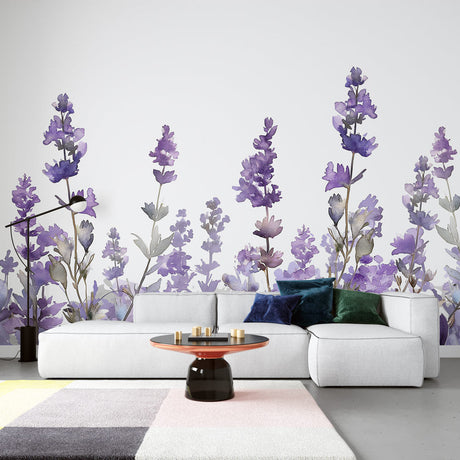 Lavender wallpaper mural creating a serene atmosphere in a modern bedroom with natural light