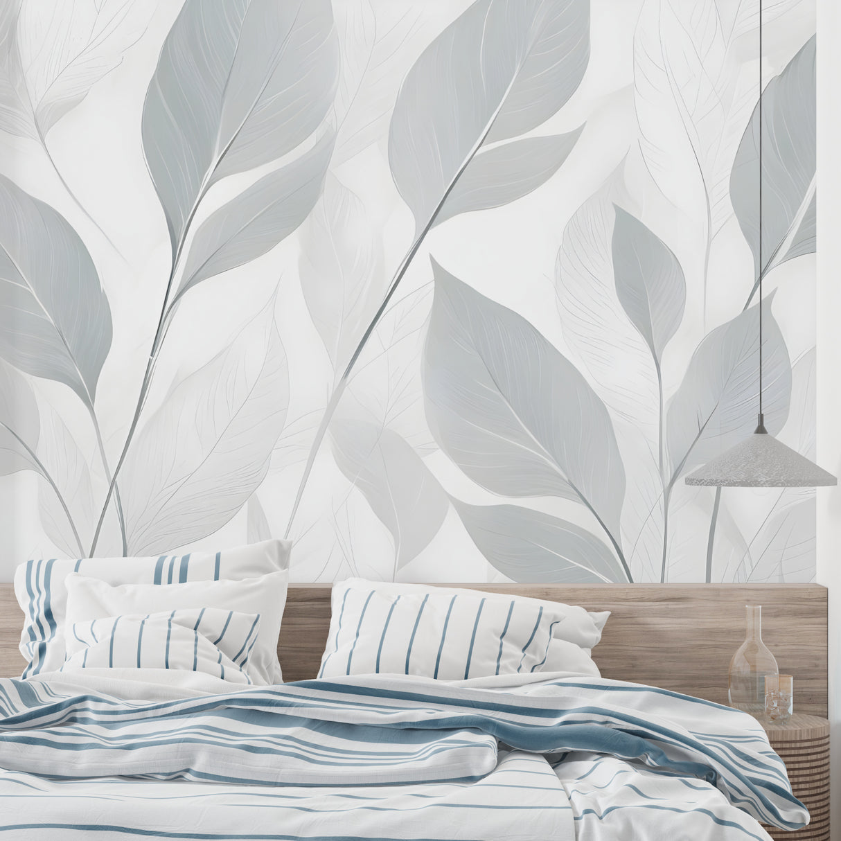 Grey botanical wallpaper styled in master bedroom with minimal furniture and natural light