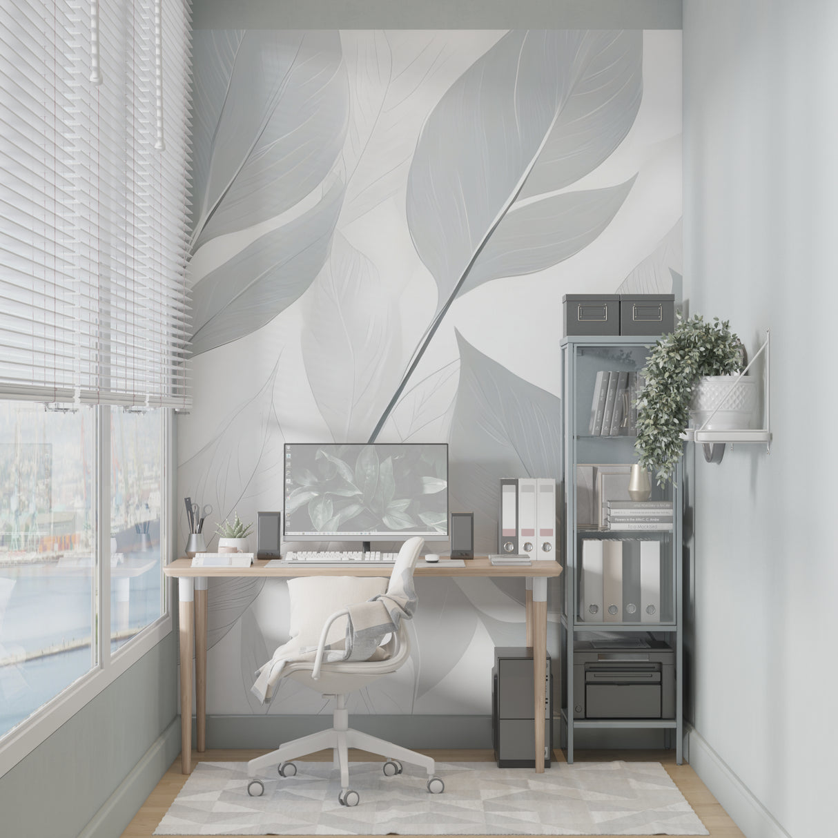 Elegant grey leaf mural wallpaper in home office setting with clean desk setup