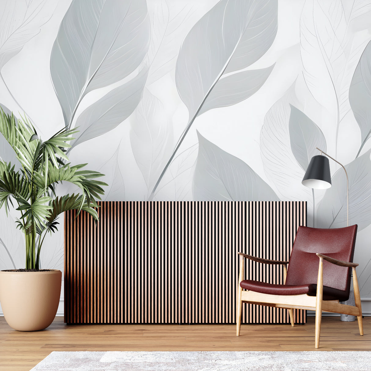 Modern dining room featuring grey botanical wall mural with soft lighting