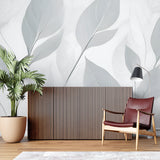Modern dining room featuring grey botanical wall mural with soft lighting