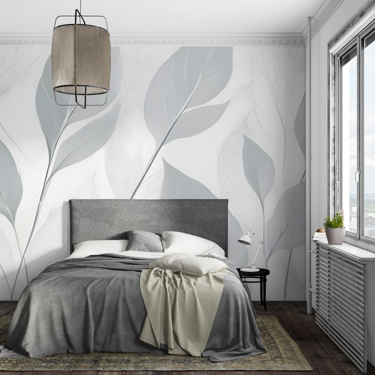 Grey leaf pattern wallpaper in contemporary hallway showing full wall application