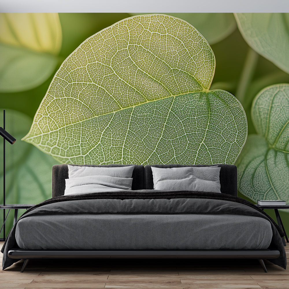 Botanical leaf wallpaper creating a fresh, natural atmosphere in a modern home office with clean white furniture