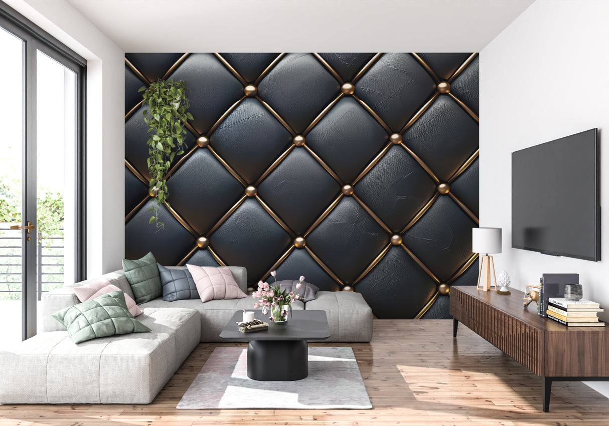 Black leather wallpaper with gold details making statement in home office setup