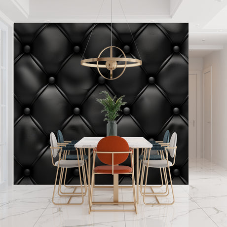 Black leather tufted wallpaper in modern living room with grey sofa and metal accents