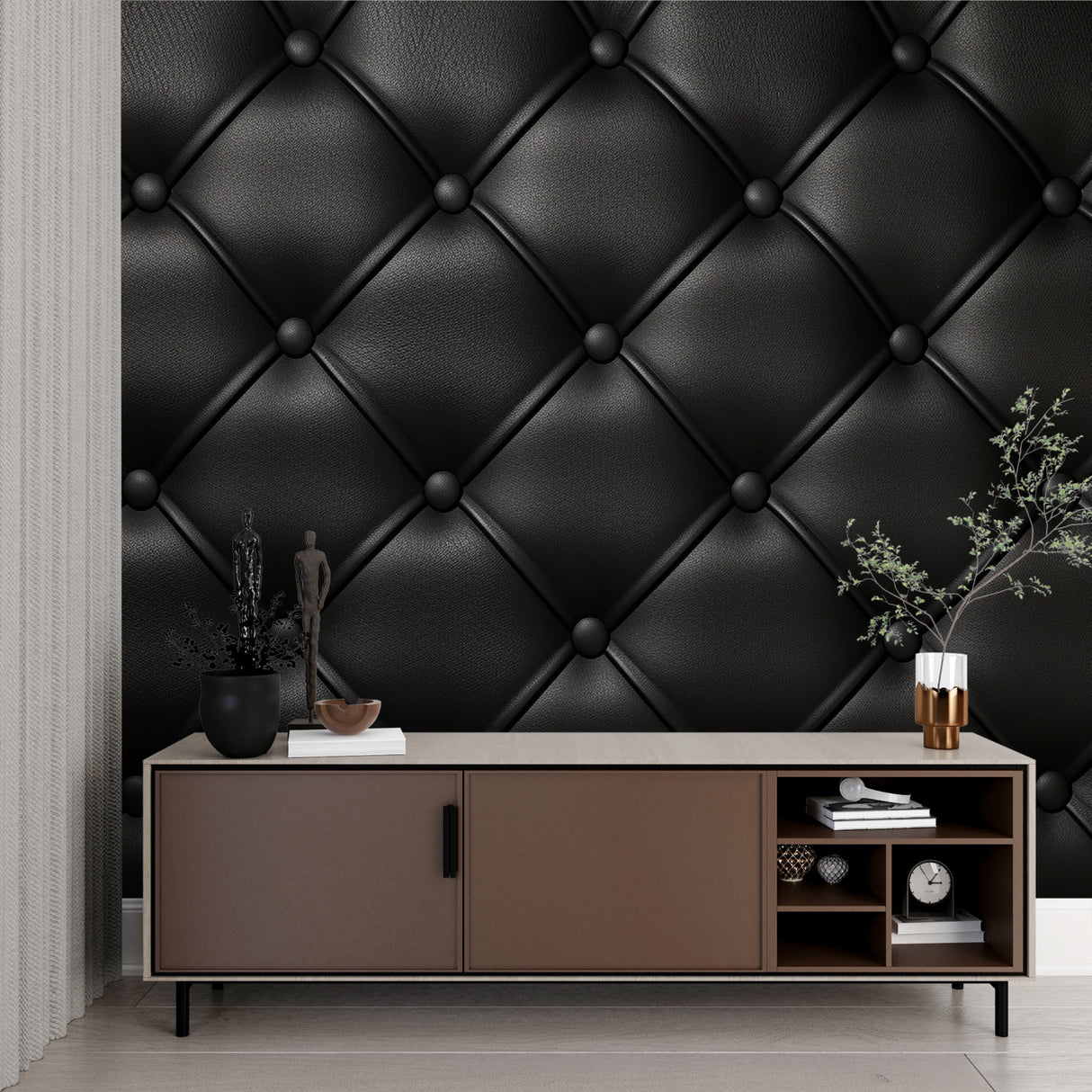 Leather-look wallpaper making statement in home office with leather furniture