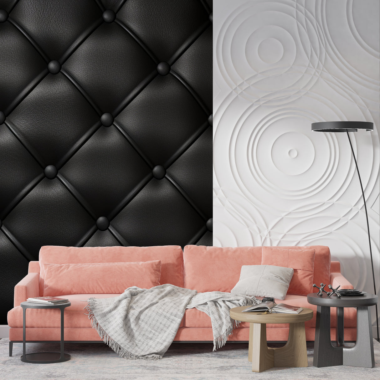 Black quilted wallpaper in master bedroom adding sophisticated touch