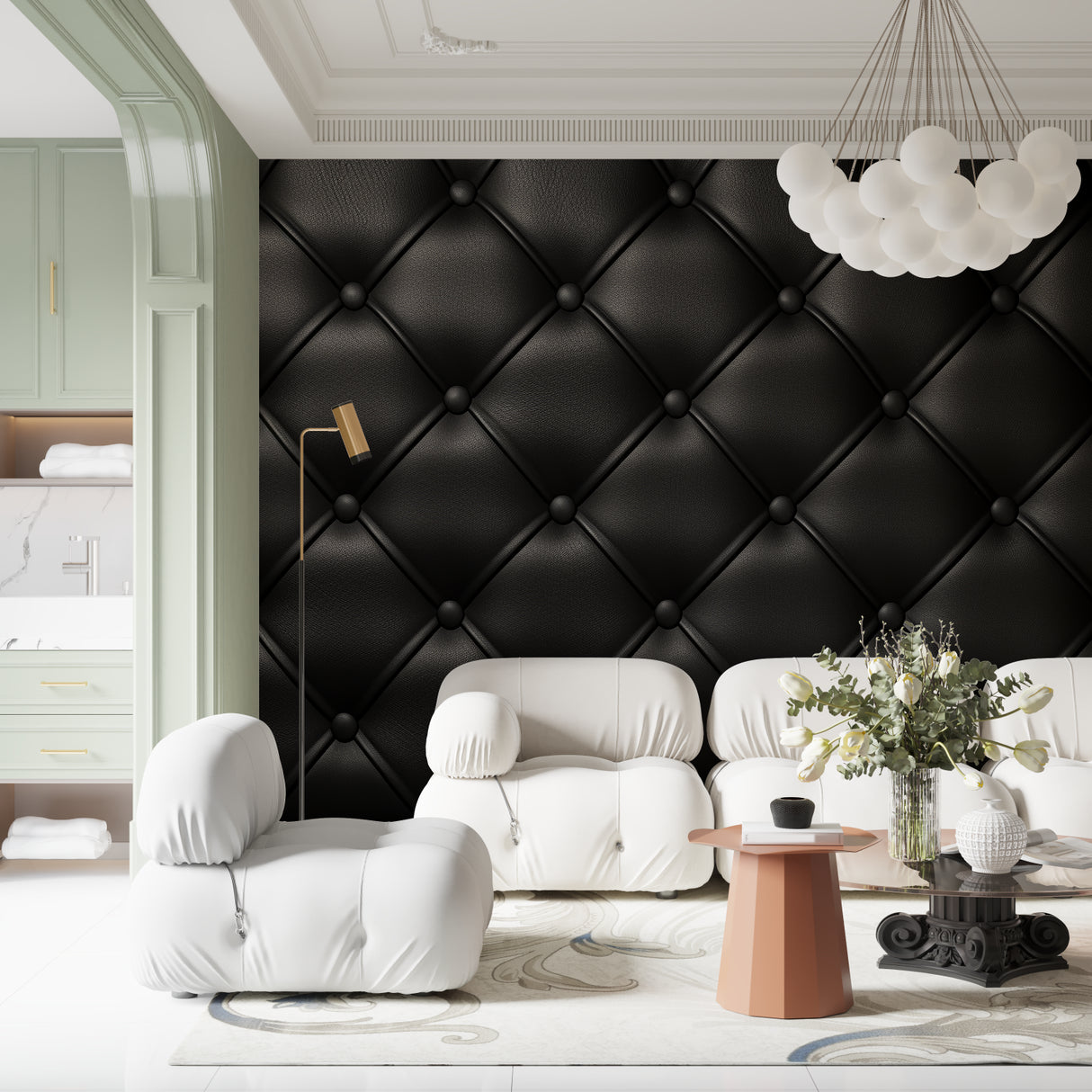 Black leather-look mural in restaurant creating upscale dining atmosphere