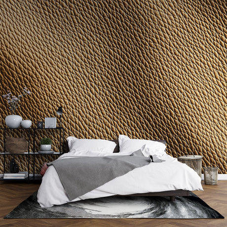 Leather texture wallpaper creating a sophisticated atmosphere in a modern living room with warm lighting