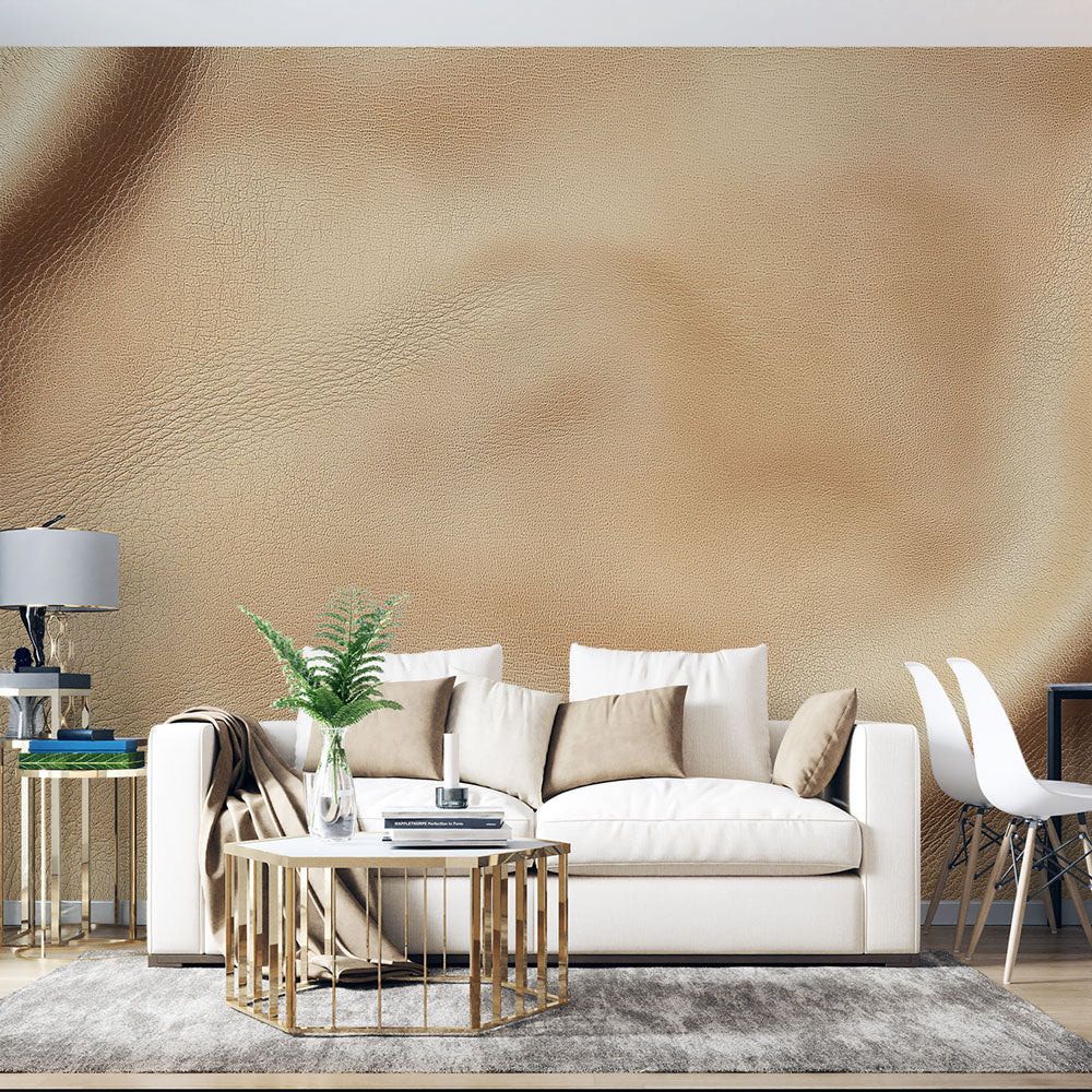 Beige leather textured wallpaper in modern living room showing rich surface detail and warm neutral tones