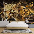 Leopard wall mural in a modern living room, showing gold and black abstract art design creating dramatic atmosphere