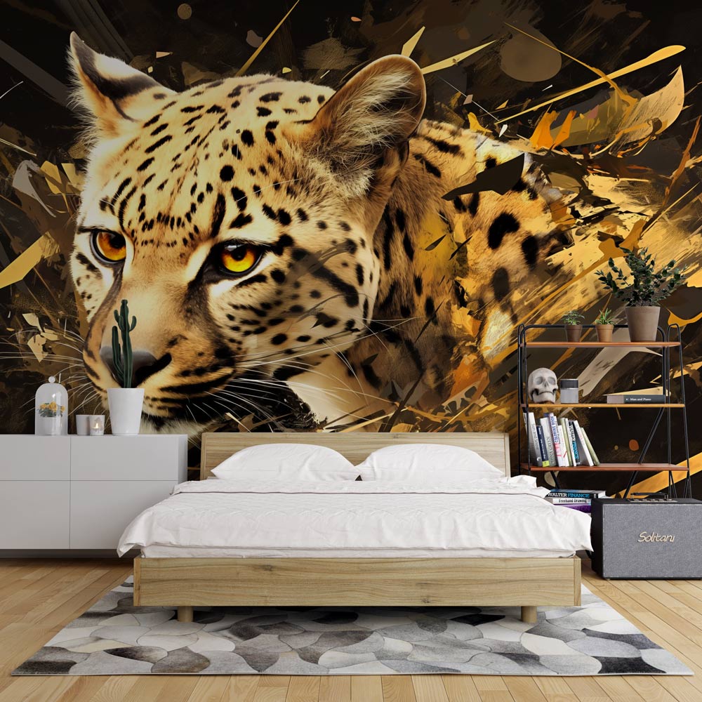 Leopard wall mural in a modern living room, showing gold and black abstract art design creating dramatic atmosphere