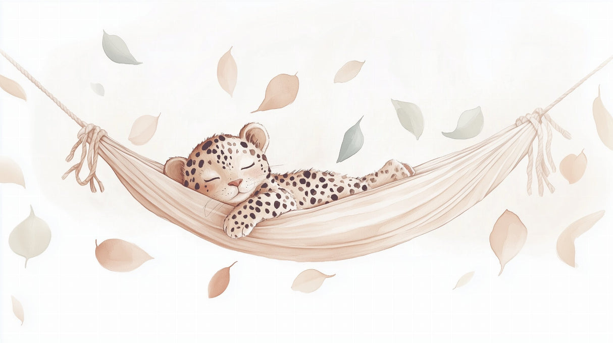Baby Leopard Wallpaper design file showing detailed watercolor illustration of sleeping cub in hammock