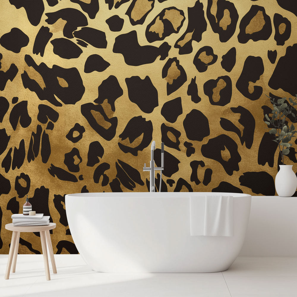 Luxury Black and Gold Leopard Print Wallpaper creating drama in a modern living room with minimal furniture