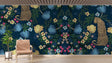 Leopard print wallpaper creating dramatic atmosphere in modern living room with deep blue walls and gold accents
