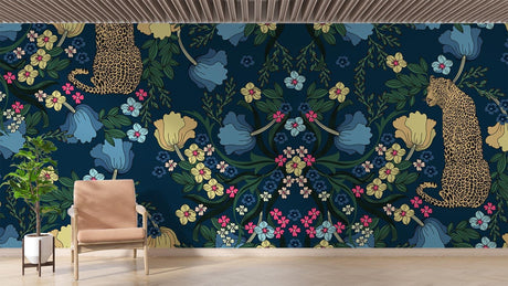 Leopard print wallpaper creating dramatic atmosphere in modern living room with deep blue walls and gold accents