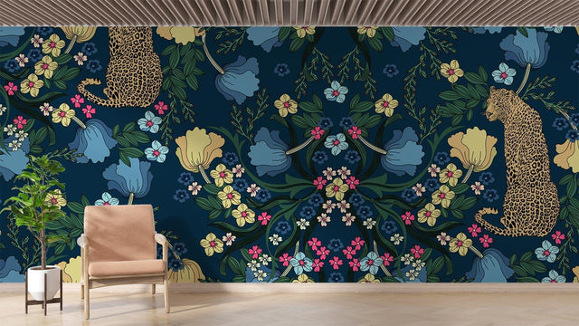Leopard print wallpaper creating dramatic atmosphere in modern living room with deep blue walls and gold accents