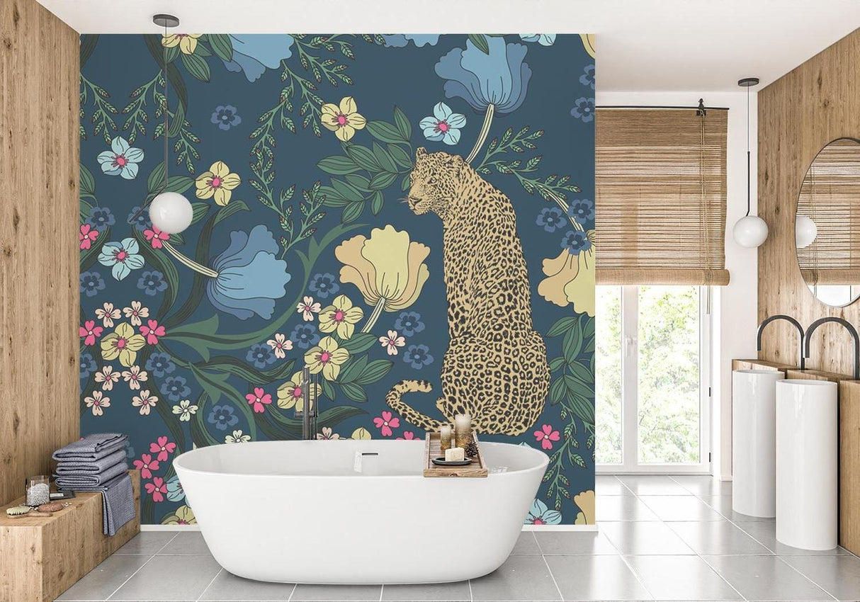 Floral leopard wallpaper in cozy bedroom setting with soft lighting highlighting night garden details
