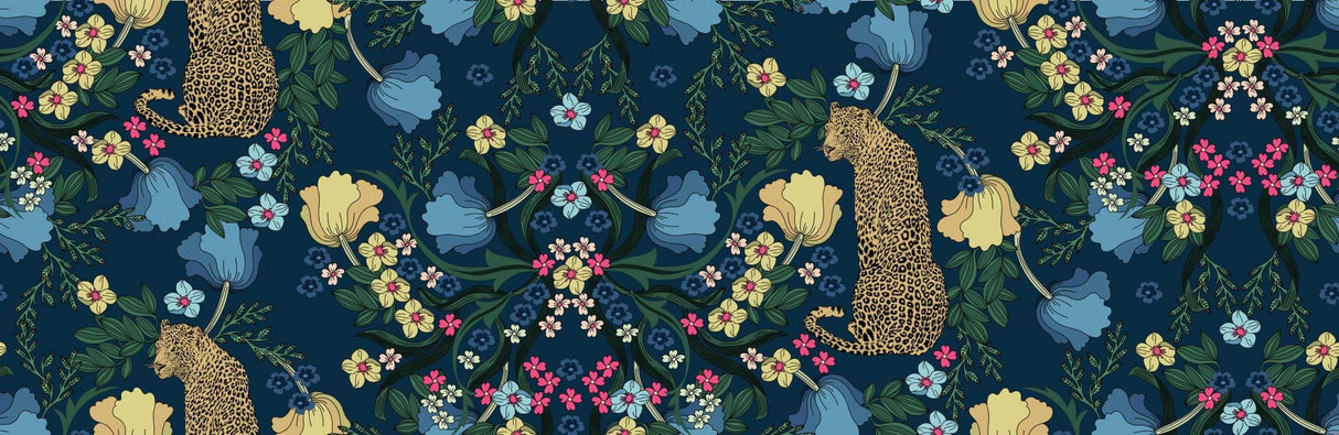 Leopard and floral night garden design file showing intricate pattern details and rich navy backdrop