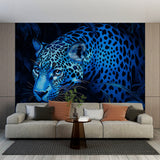 Blue leopard wallpaper creating a stunning focal point in a modern living room with ambient lighting