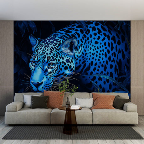 Blue leopard wallpaper creating a stunning focal point in a modern living room with ambient lighting