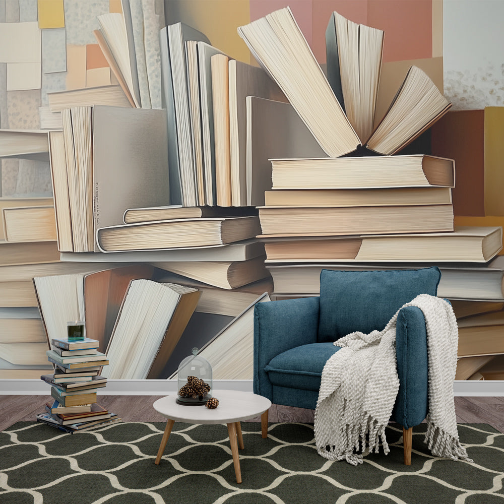 Library wall mural with stacked books design shown in a cozy home office, creating an inspiring workspace atmosphere