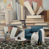 Library wall mural with stacked books design shown in a cozy home office, creating an inspiring workspace atmosphere