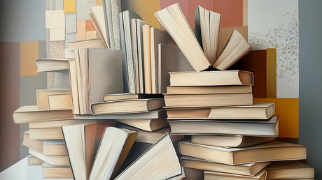 Book pattern wallpaper design file showing detailed stacked books arrangement in warm neutral tones