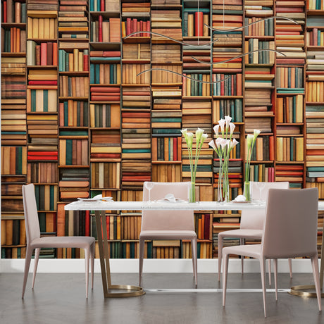 Library wallpaper mural creating a cozy reading atmosphere in a modern living room