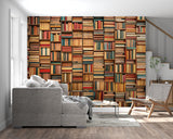 Library mural wallpaper transforming a bedroom reading nook