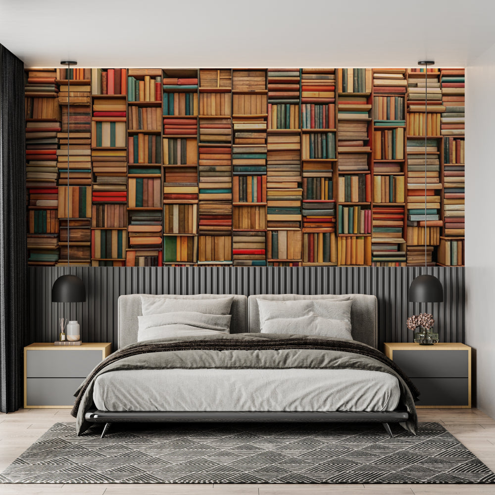 Book collection wallpaper creating a sophisticated study room atmosphere