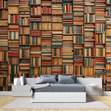 Vintage library wallpaper adding warmth to a dining room feature wall