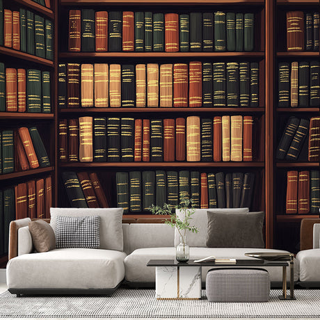 Library wallpaper mural styled in a cozy home office with leather chair and reading lamp creating an inviting study space