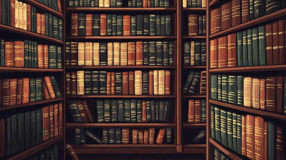Vintage library wallpaper design file showing detailed book spines and wooden shelving pattern
