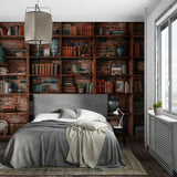 Classic library wallpaper adding warmth to minimalist bedroom wall