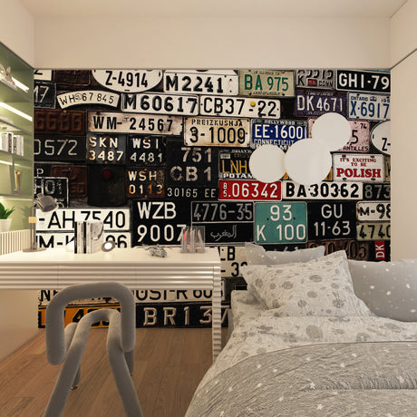 License plate wallpaper in modern teen bedroom showing industrial style impact