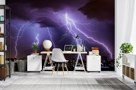 Lightning Storm Wallpaper creating dramatic atmosphere in modern living room with dark furniture and ambient lighting