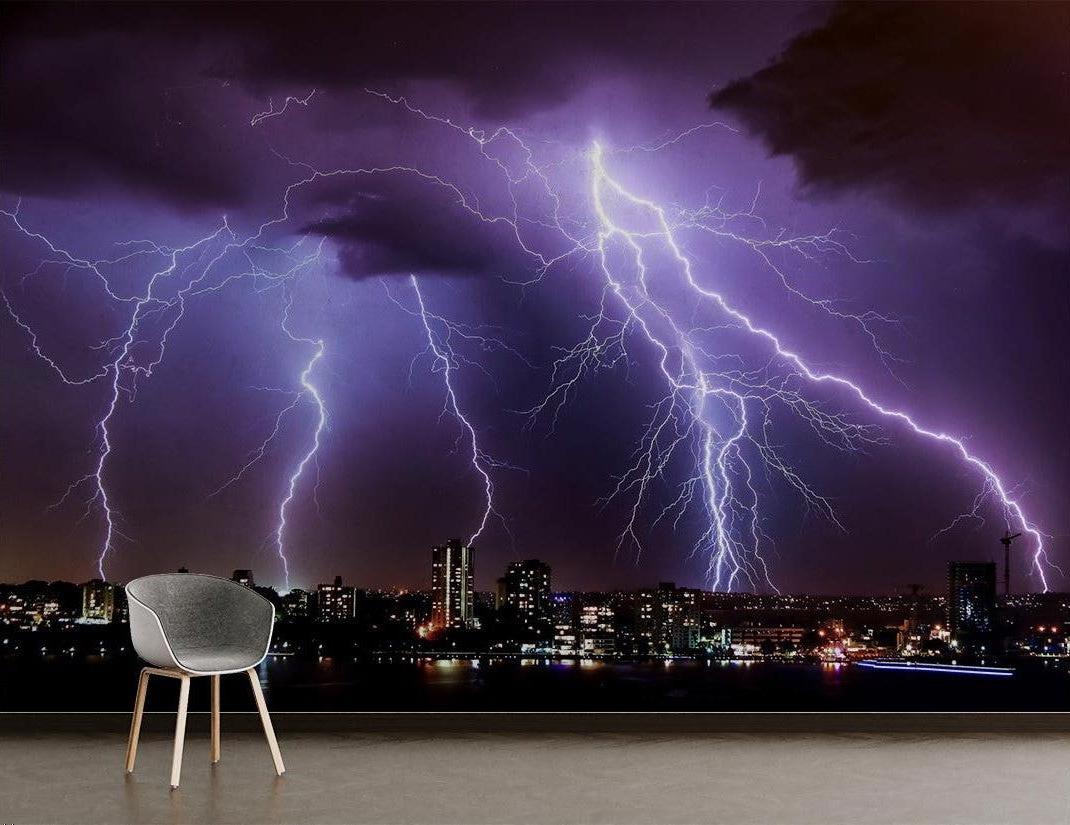 Purple lightning storm mural adding depth to minimalist home office space with desk setup