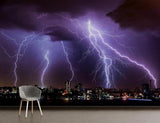 Purple lightning storm mural adding depth to minimalist home office space with desk setup